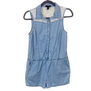 Aqua Romper Playsuit Chambray Blue Pinstripe Cotton Lace Back Size Medium M